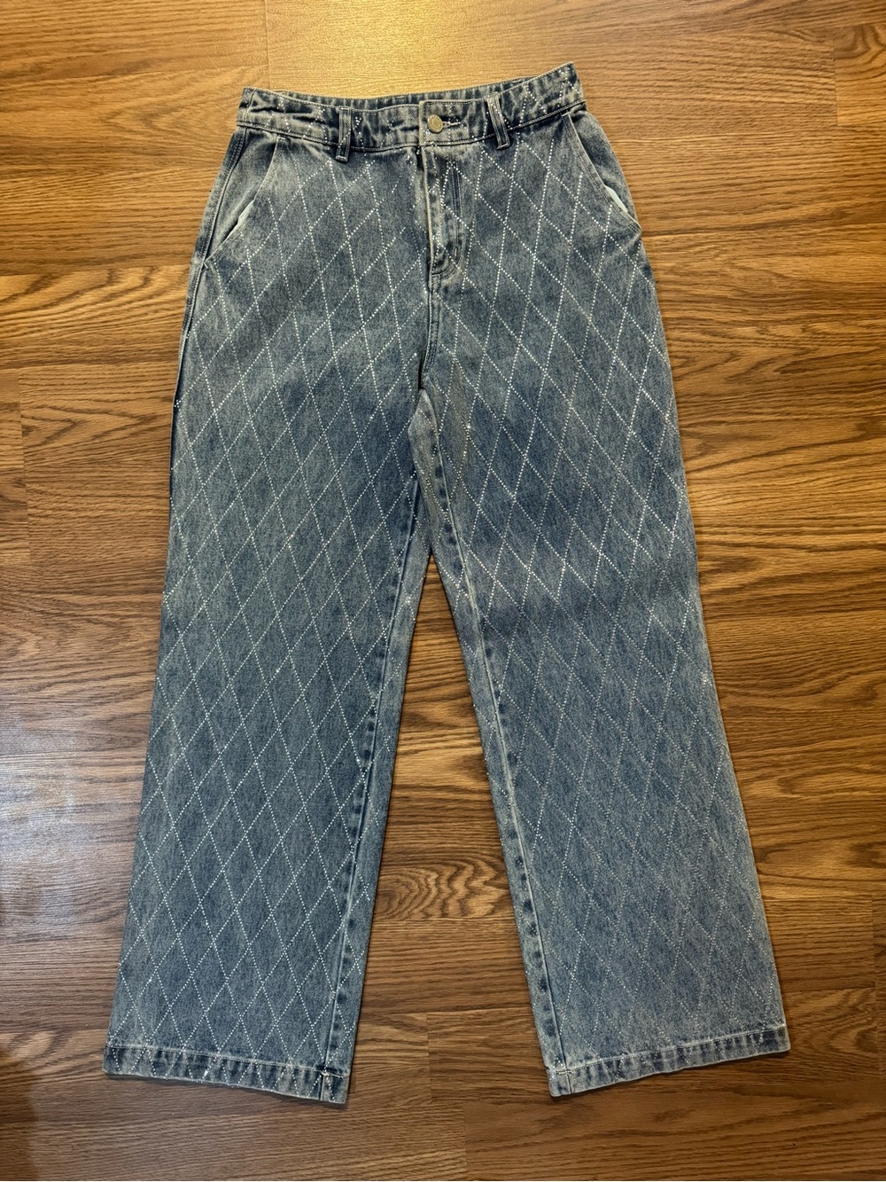 Avec Les Filles Diamond-Stitch Blue Straight Jeans